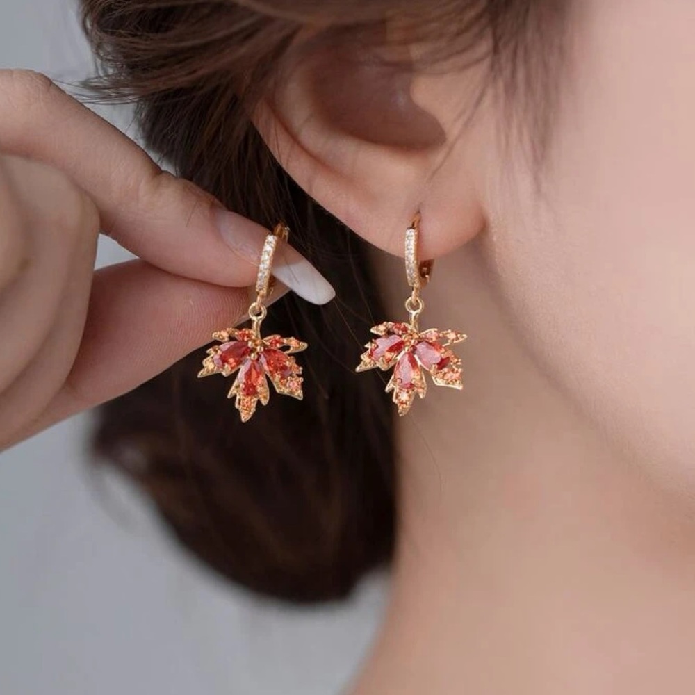 Cubic Zirconia Maple Leaf Earrings, Fall Leaf Earrings